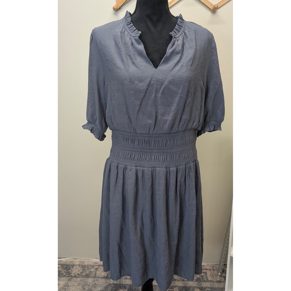 Nine West Women XL Gray Smocked Waist Ruffle V-Neck Short Sleeve Dress